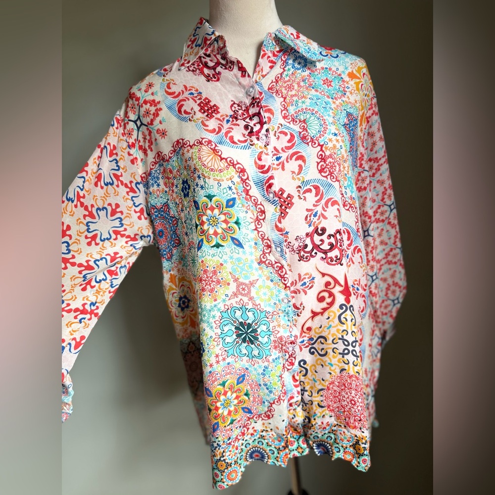 Y2K  Colorful Paisley button  whimsi Blouse silk boho cottagecore medium‎ red - Picture 3 of 5